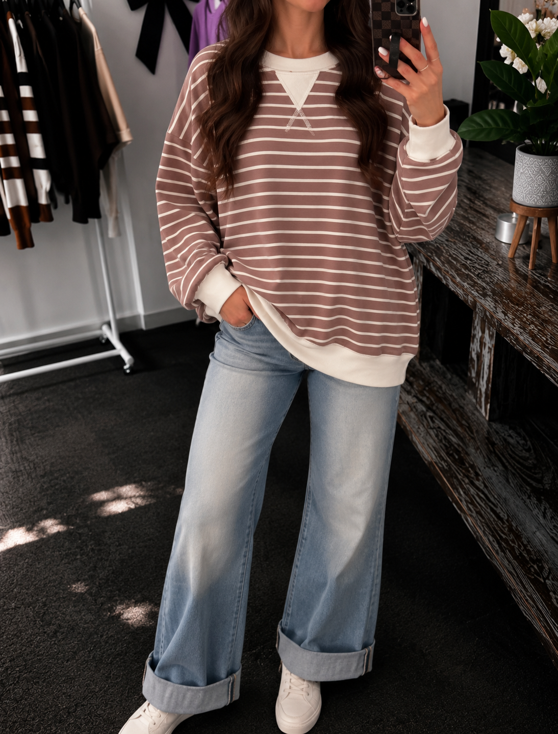 Striped Rib Banded Pullover - Brown