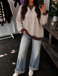 Striped Rib Banded Pullover - White & Brown