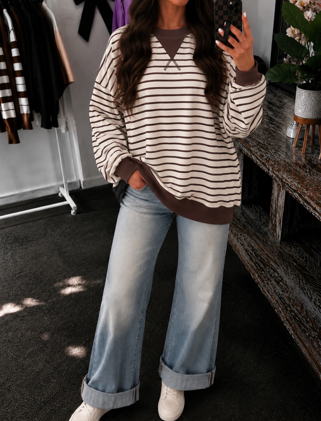Striped Rib Banded Pullover - White & Brown
