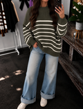Exposed Seam Striped Oversized Sweater - Army Green