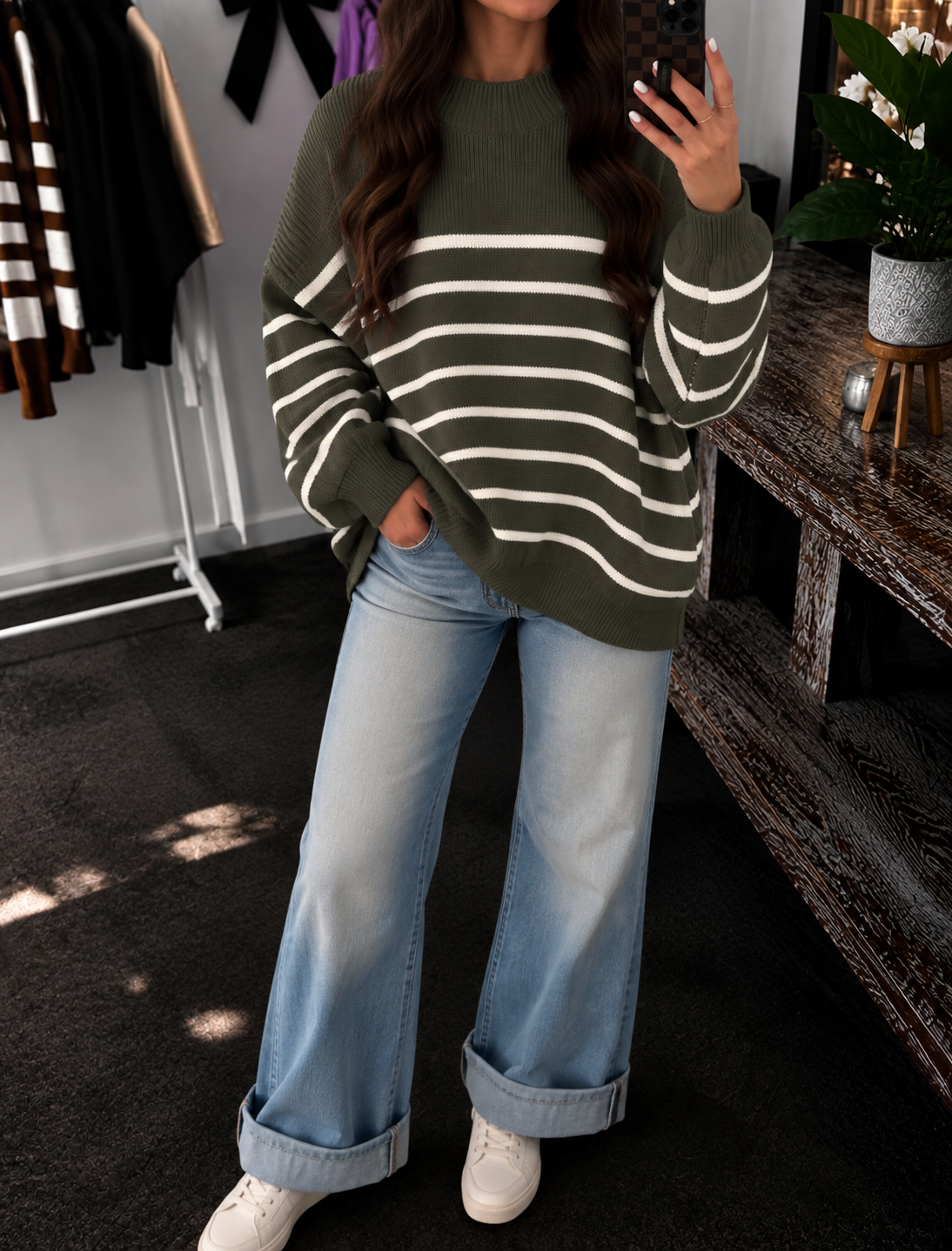 Exposed Seam Striped Oversized Sweater - Army Green
