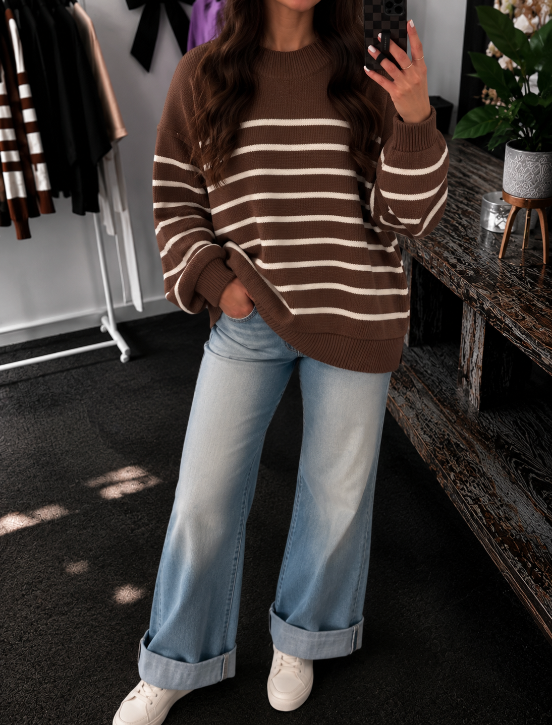 Exposed Seam Striped Oversized Sweater - Brown