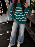 Exposed Seam Striped Oversized Sweater - Green
