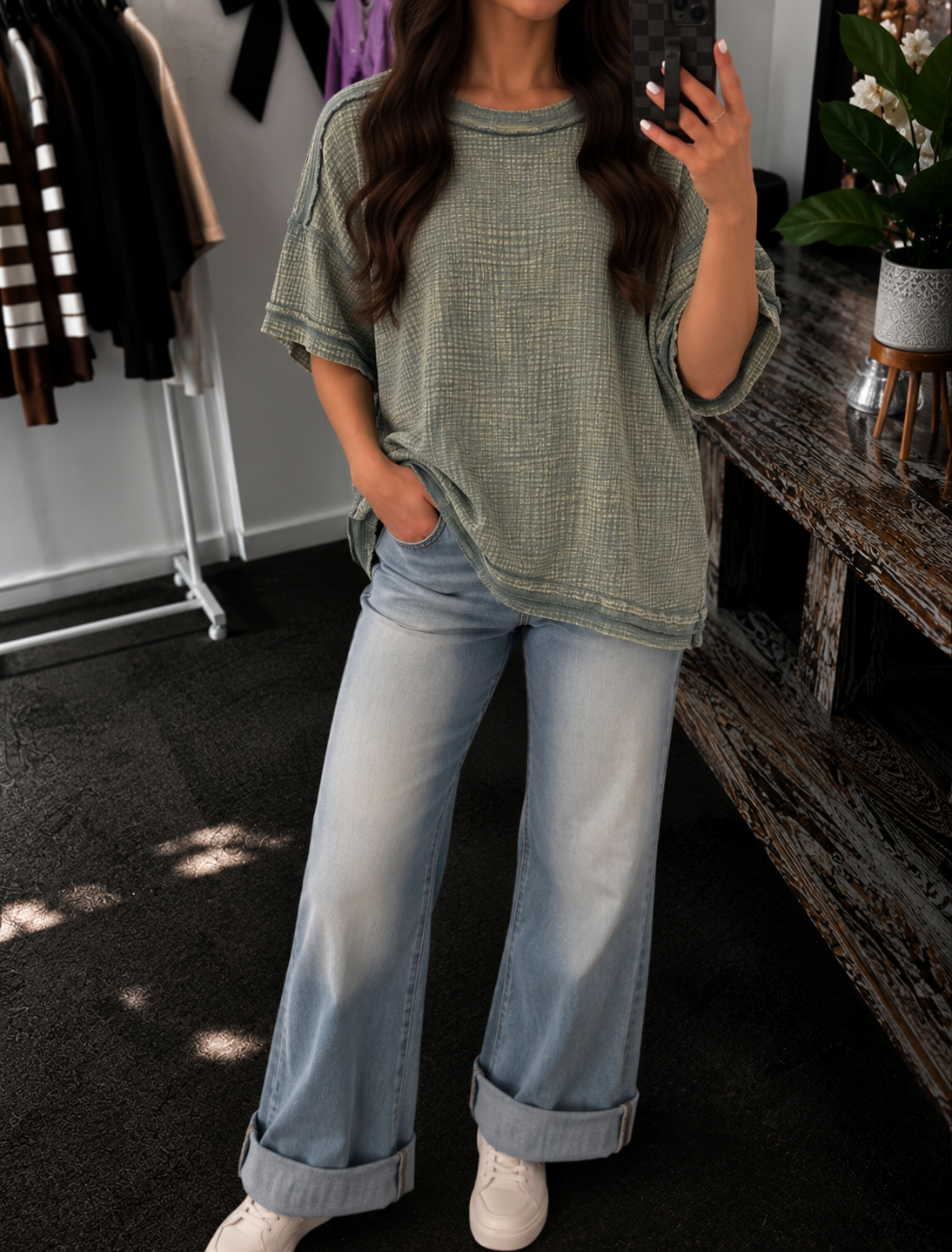 Zenana Women’s Ashton Acid Wash Green Double Gauze Top Shirt