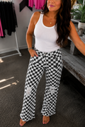 Black Checkerboard Distressed Wide Leg Jeans