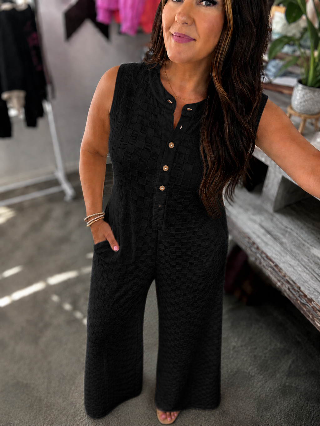 Black Textured Wide Leg Jumpsuit