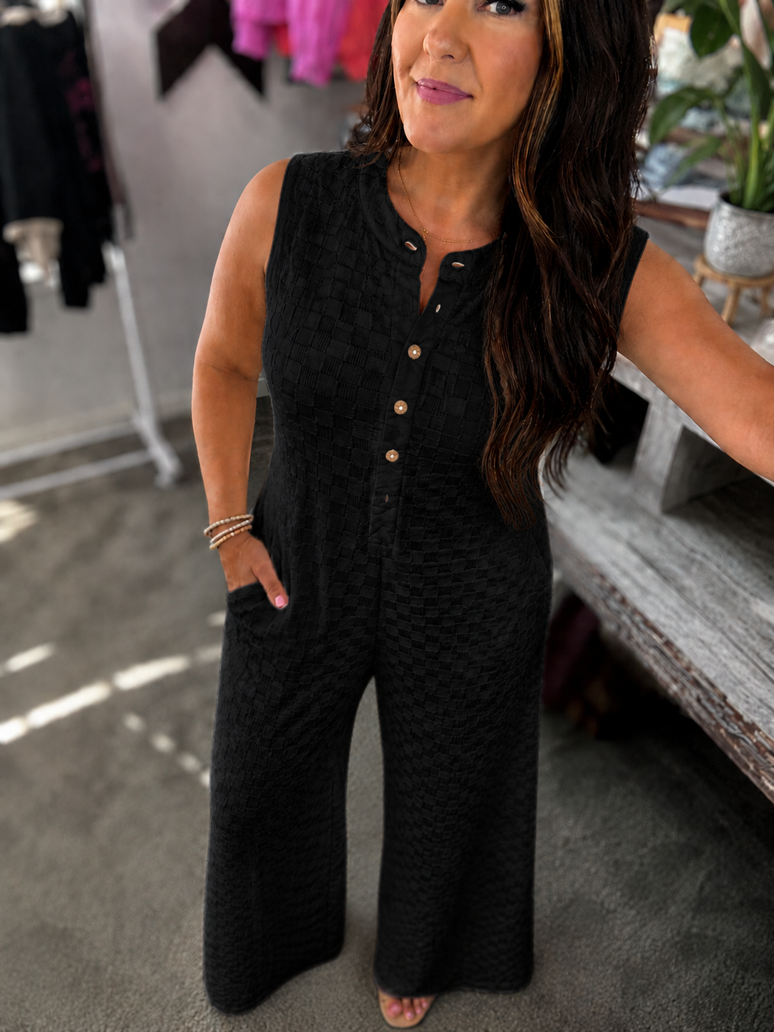 Black Textured Wide Leg Jumpsuit