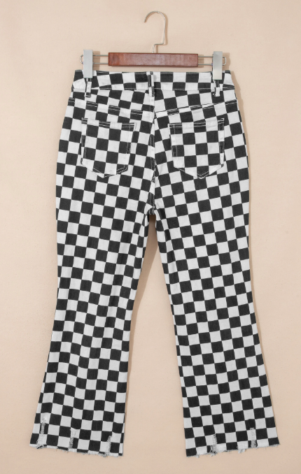 Black Checkerboard Distressed Wide Leg Jeans