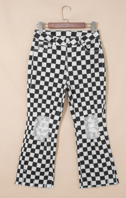 Black Checkerboard Distressed Wide Leg Jeans