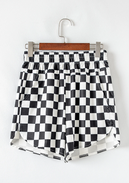 Black Checkered High Waist Lounge Shorts