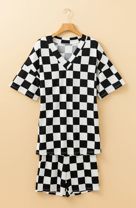 Black Checkered V-Neck Lounge Set