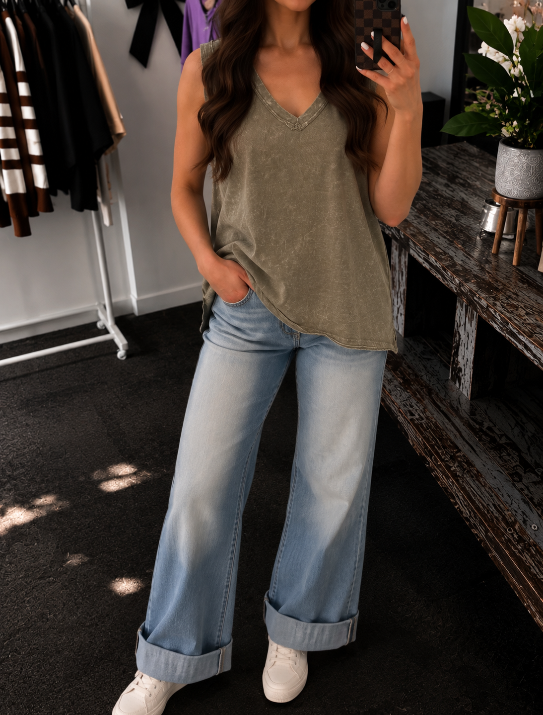 Zenana Acid Washed Mocha V‑Neck Sleeveless Tank Top