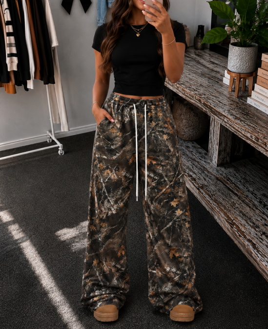 Camo Wide Leg Drawstring Utility Pants