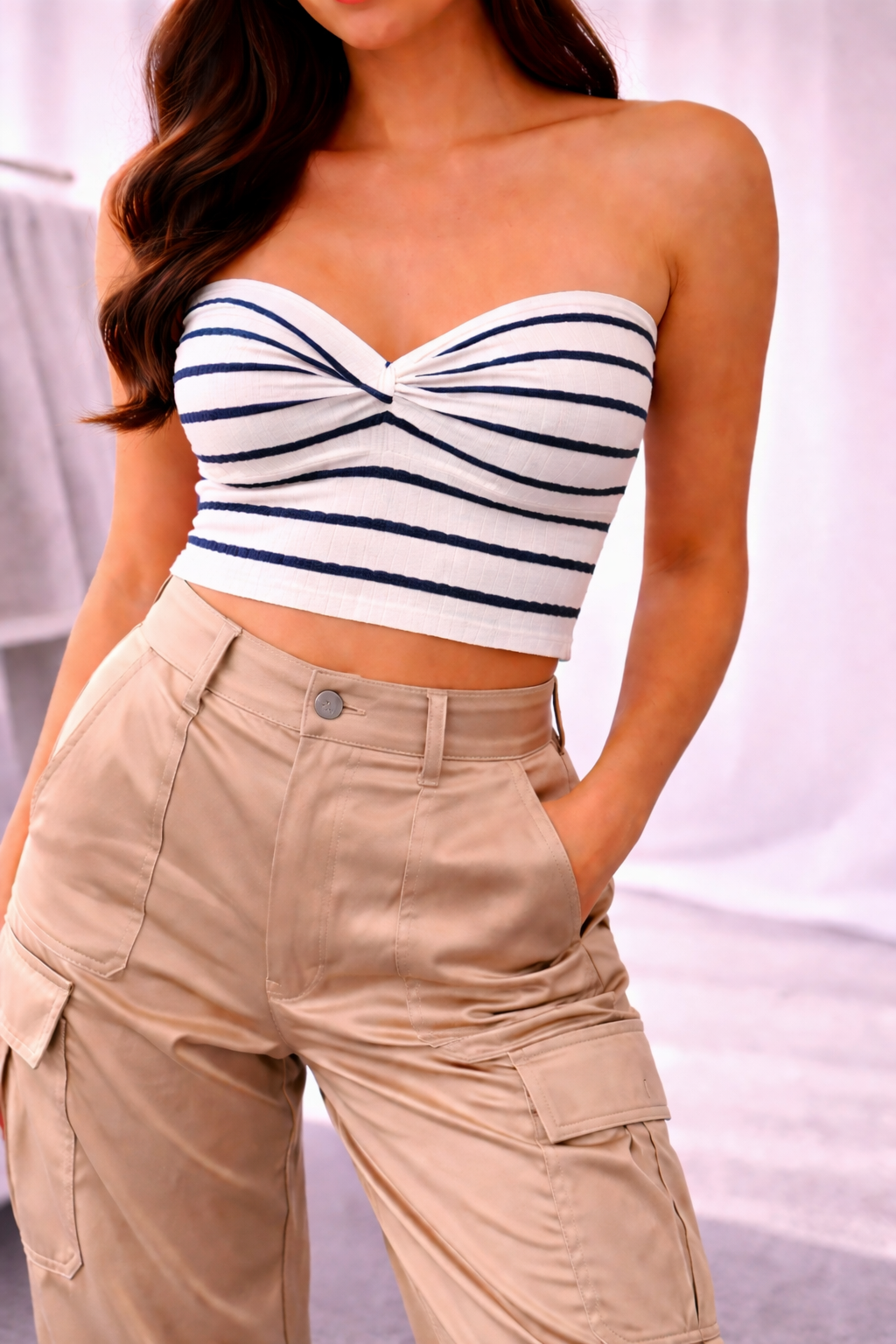 Zenana Twisted Sweetheart Neck Striped Tube Top