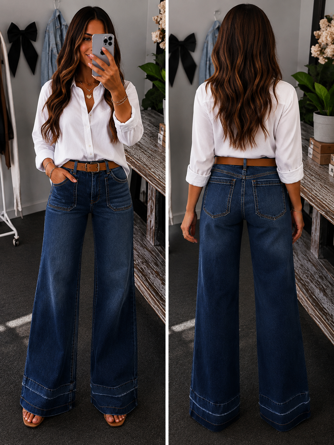 Cross-border Vintage High Waist Patch Pocket Flare Jeans