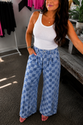 Dusk Blue Checkered Wide Leg Jeans