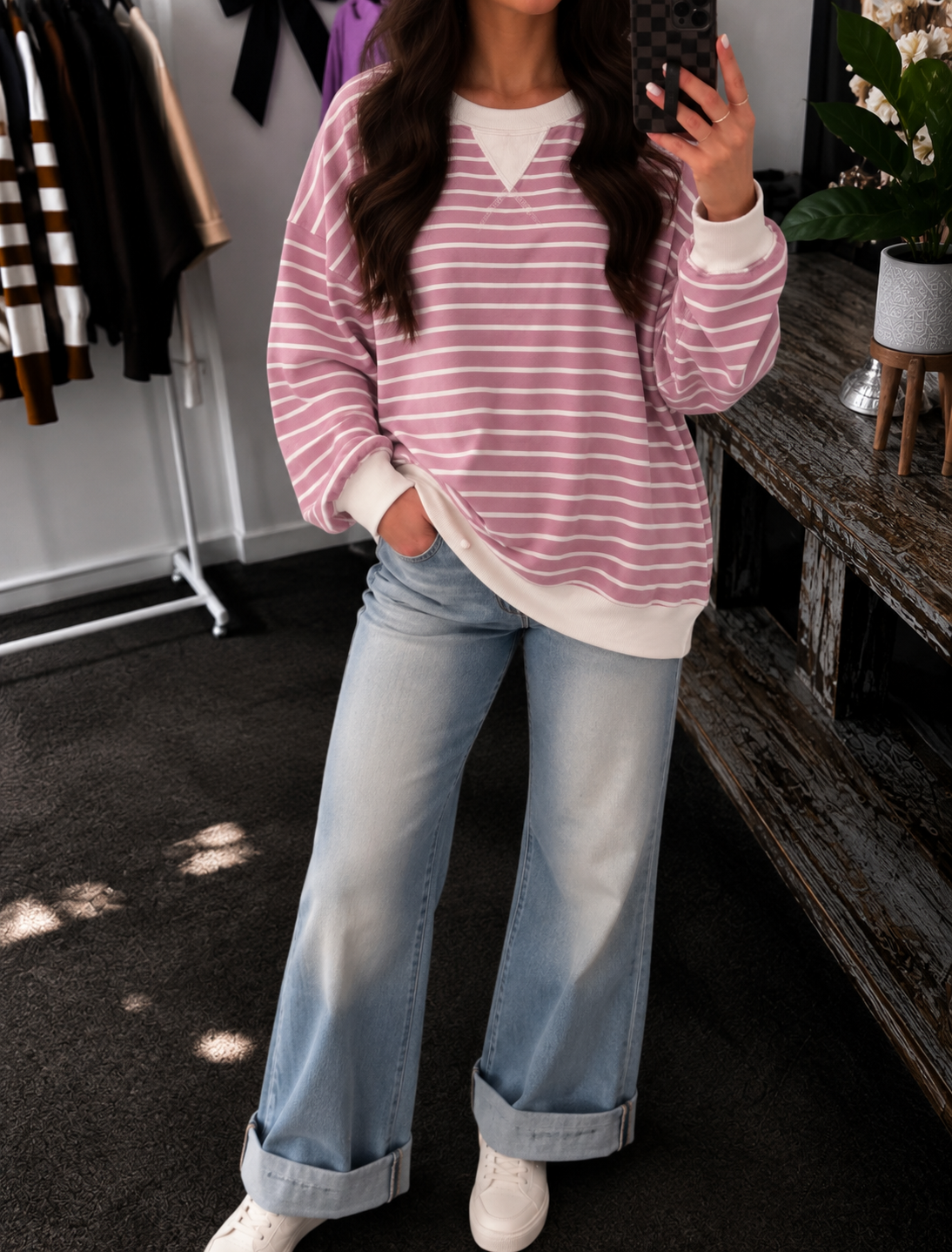 Striped Rib Banded Pullover - Pink