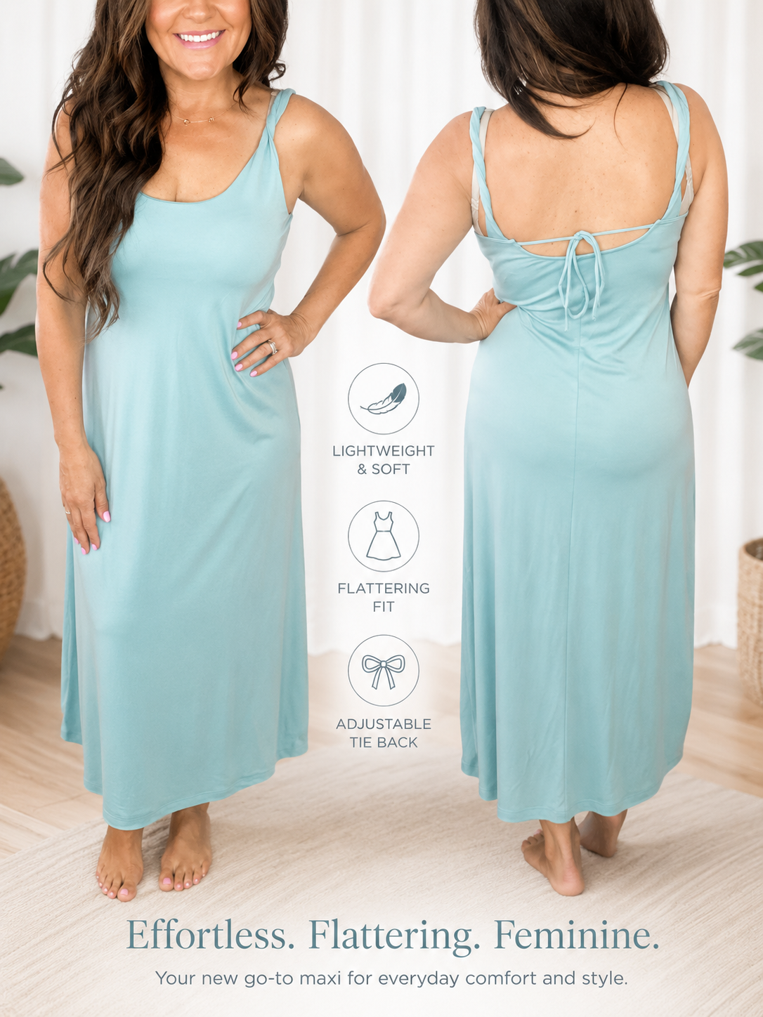 Zenana Adjustable Tie Back Maxi Dress – Sage Mist