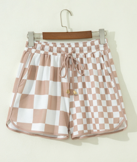 Khaki Checkered Drawstring Shorts