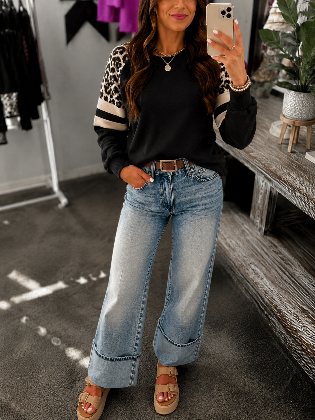 Leopard Patchwork Raglan Sleeve Crewneck Casual Sweatshirt