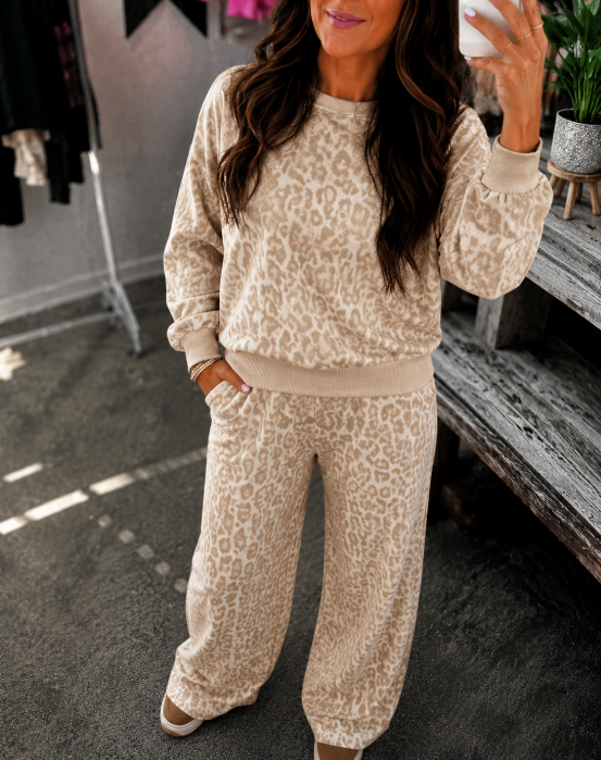 Leopard Print Pullover & Wide Leg Pants Two Piece Set