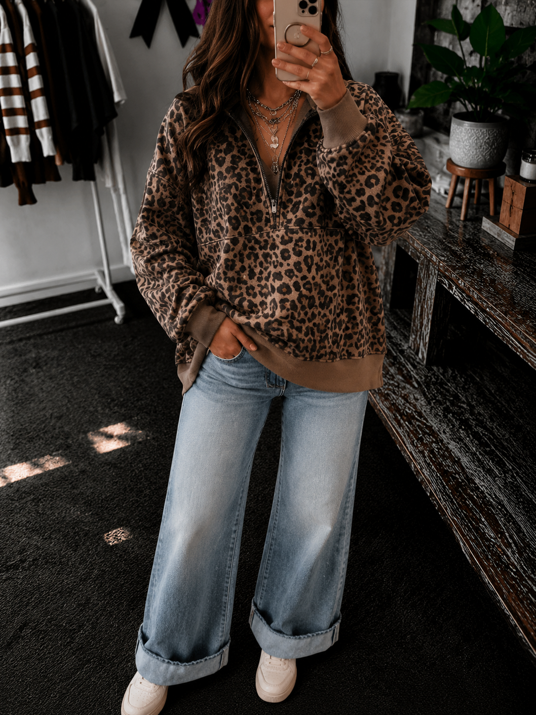 Leopard Print Pullover Hoodie Loose Fit Sweatshirt
