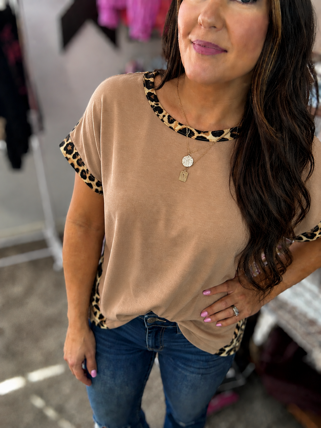 French Beige Leopard Trim Tee