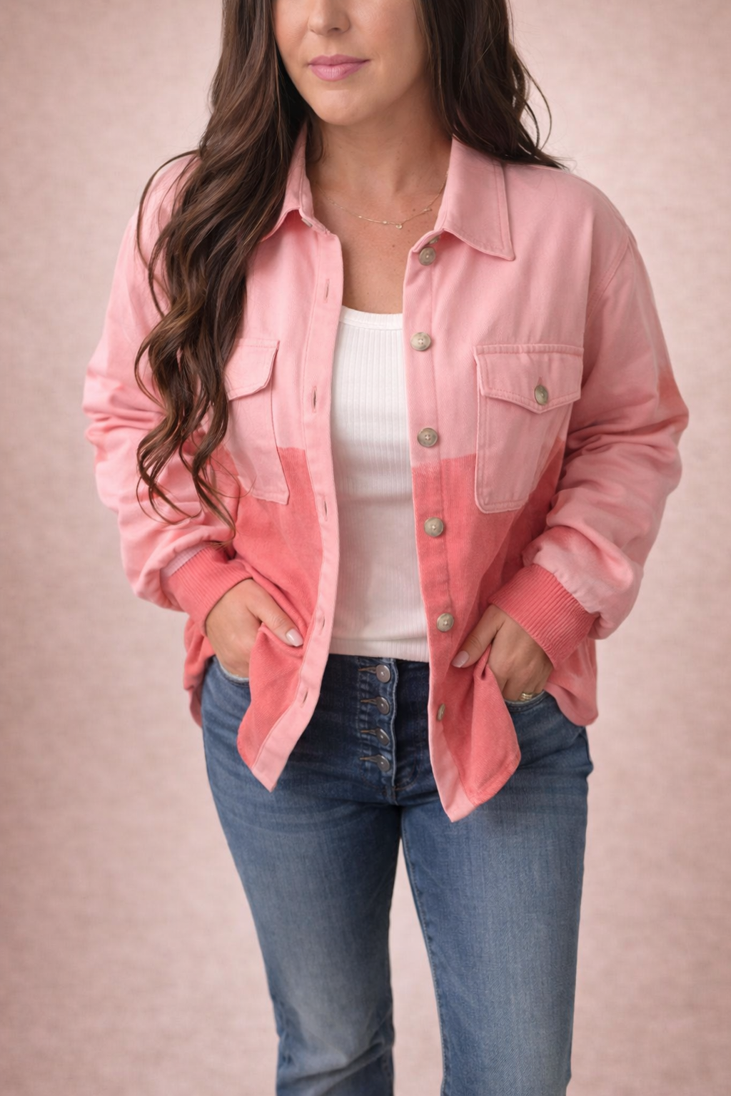 Peach Blossom Two Tone Contrast Waffle Knit Buttoned Loose Shacket