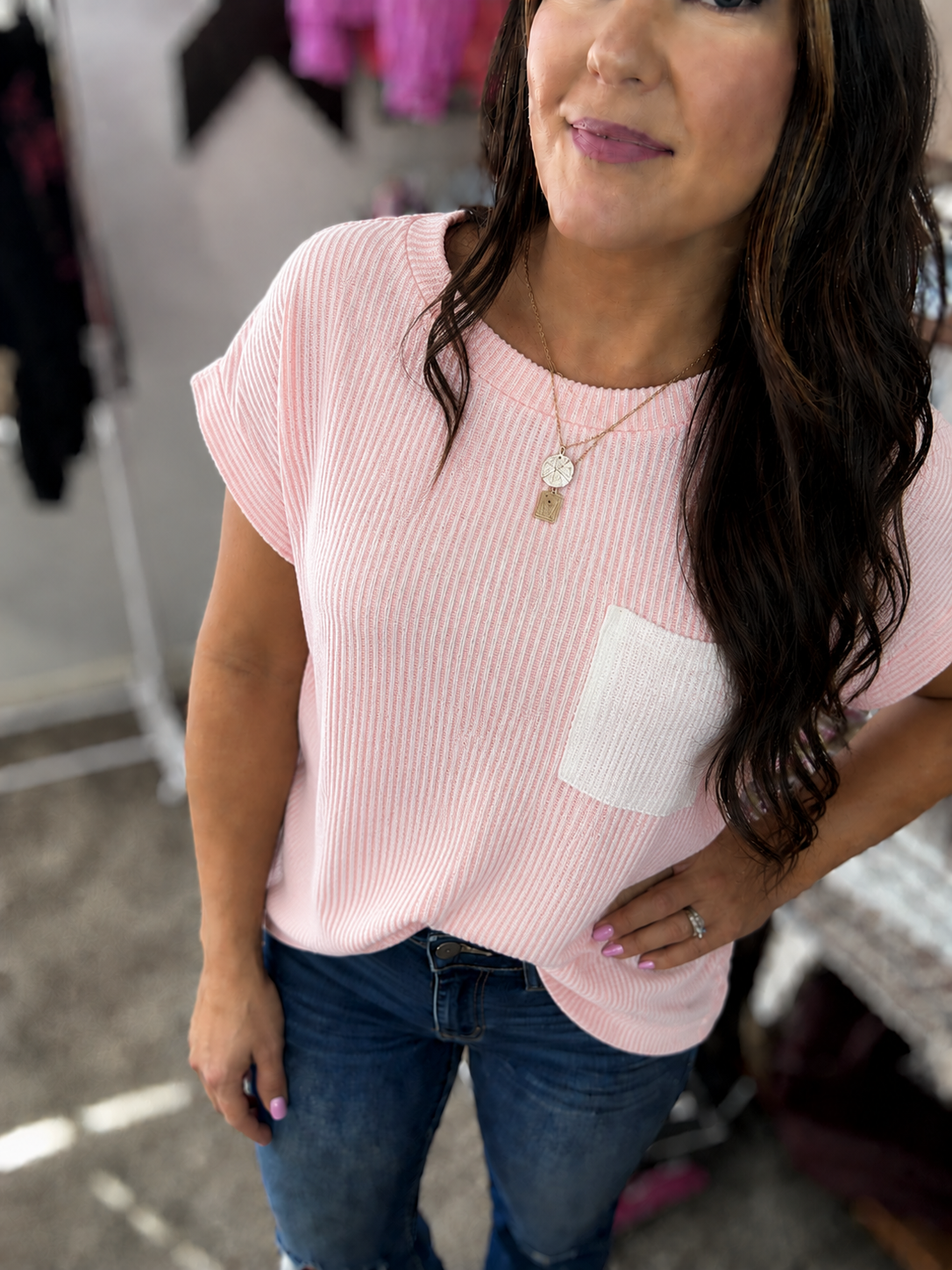 Pink Textured Pocket Tee