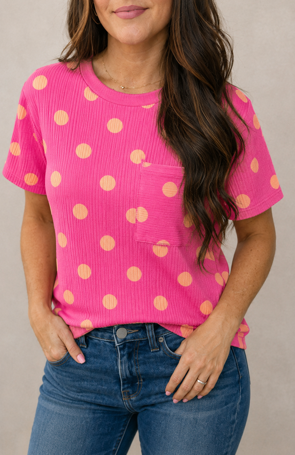 Pink Polka Dot Ribbed Pocket Tee