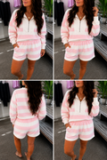 Pink Stripe Patchwork Zipper Pullover Set