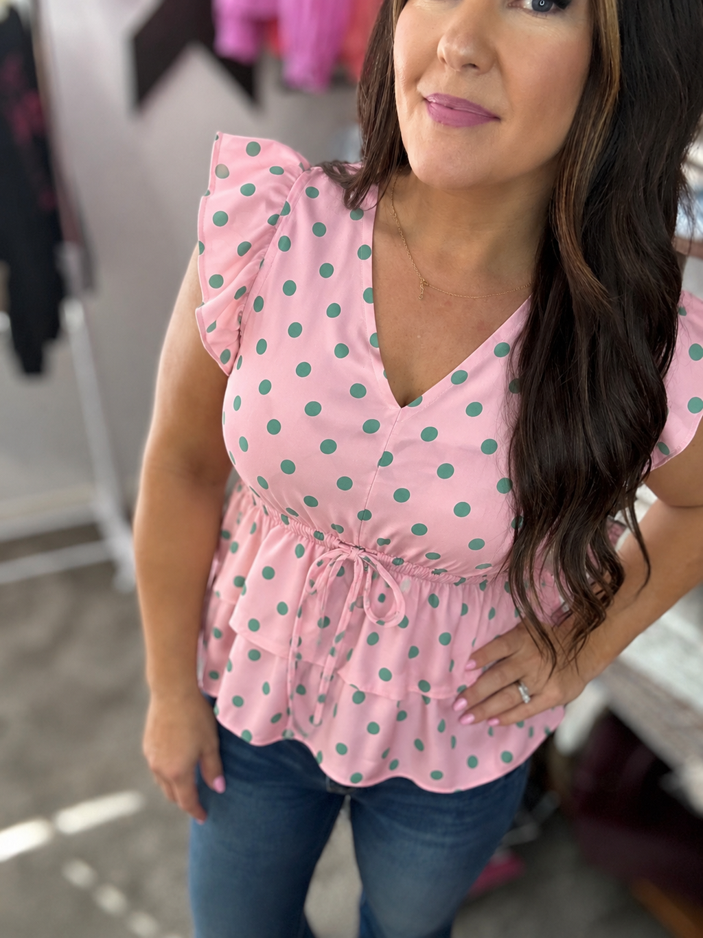 Pink Polka Dot Babydoll Blouse