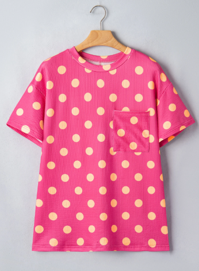 Pink Polka Dot Ribbed Pocket Tee