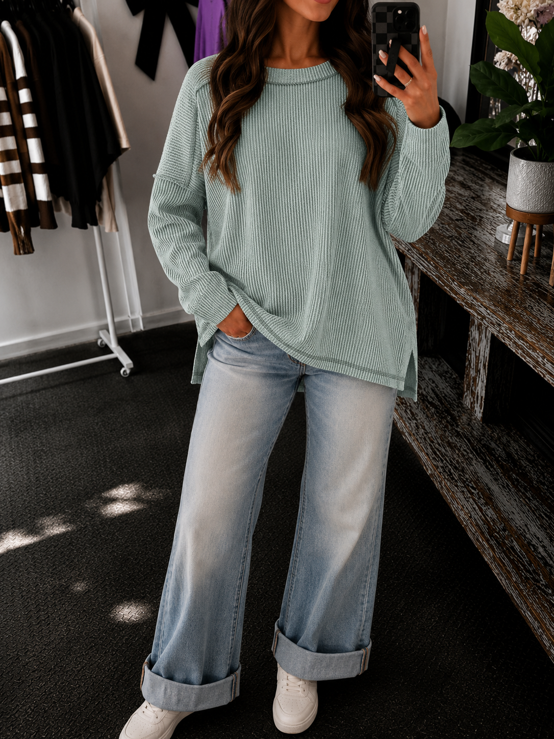 Raised Rib Raw Edge Boat Neck Long Sleeve - Blue Grey