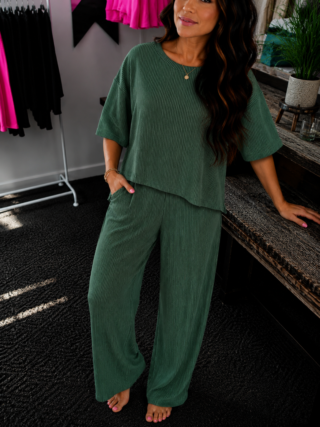 Raised rib short sleeve tee & pants set - Hunter Green