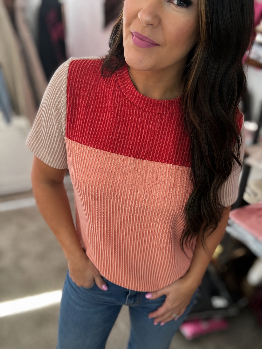 Red Colorblock Ribbed Knit Top