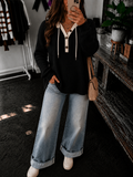 Ribbed Hooded Sweatshirt Henley Button - Black
