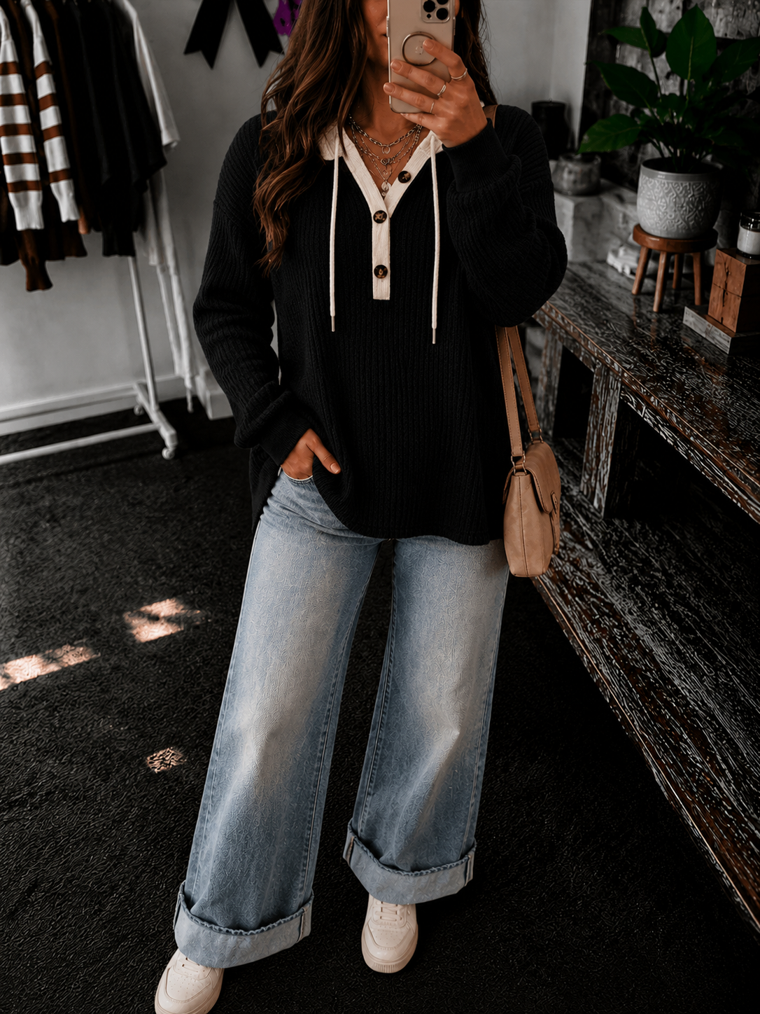 Ribbed Hooded Sweatshirt Henley Button - Black