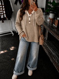 Ribbed Hooded Sweatshirt Henley Button - Khaki