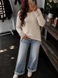 Ribbed Lace Trim Round Neck Knit Sweater Top