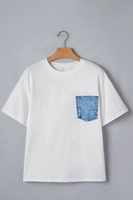 White Tee with Denim Pocket