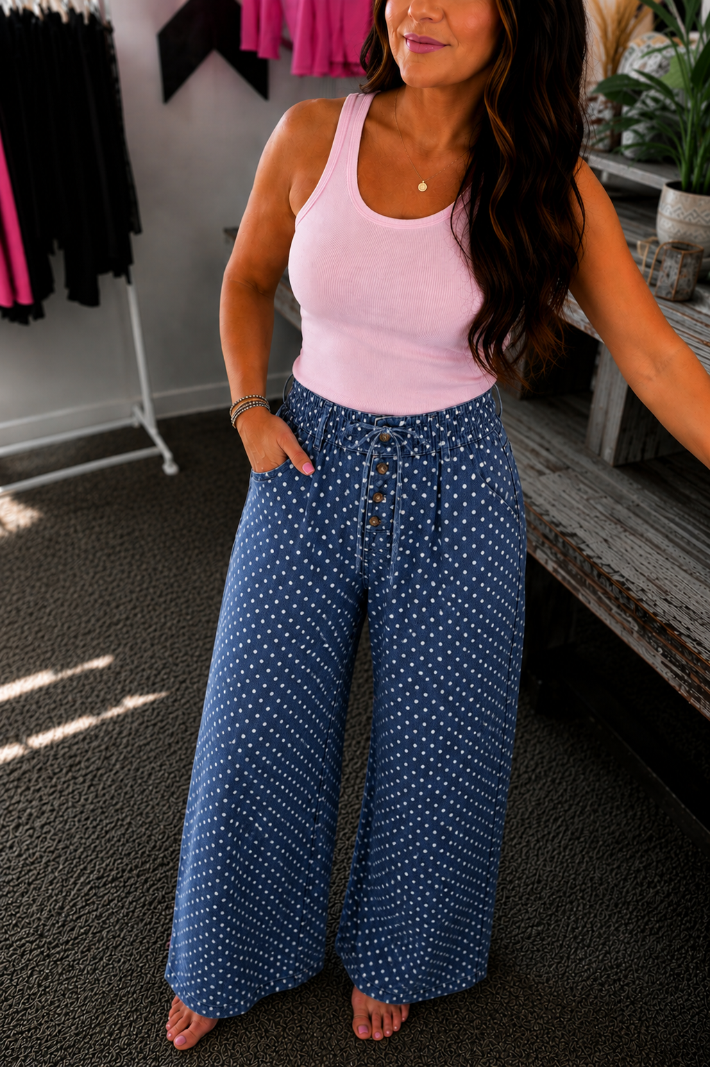 Sky Blue Polka Dot Wide Leg Jeans