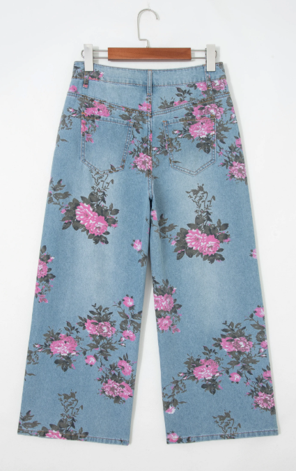 Sky Blue Floral Wide Leg Jeans
