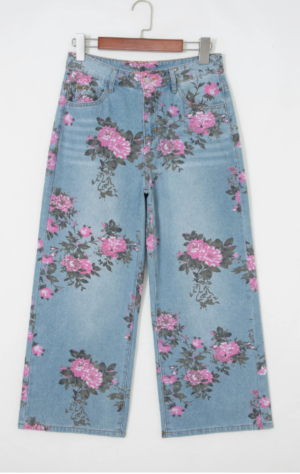 Sky Blue Floral Wide Leg Jeans