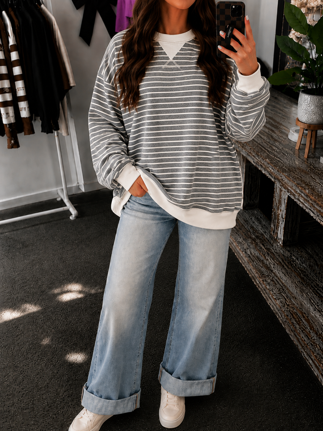 Striped Rib Banded Pullover - Charcoal