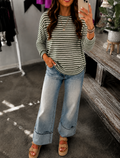 Striped Waffle Knit Relaxed Three Quarter Sleeve Top - Army Green