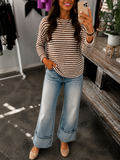 Striped Waffle Knit Relaxed Three Quarter Sleeve Top - Brown
