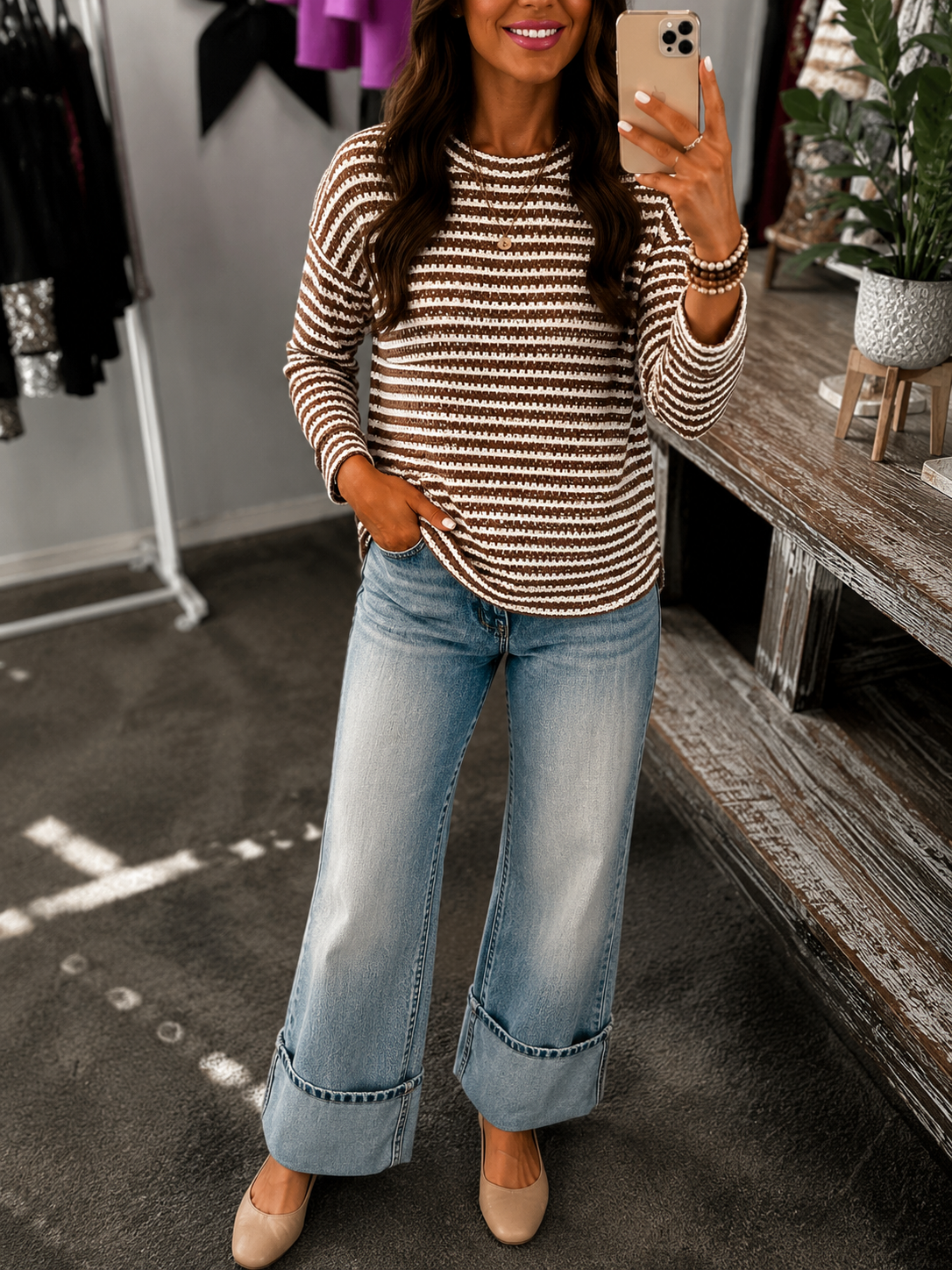Striped Waffle Knit Relaxed Three Quarter Sleeve Top - Brown