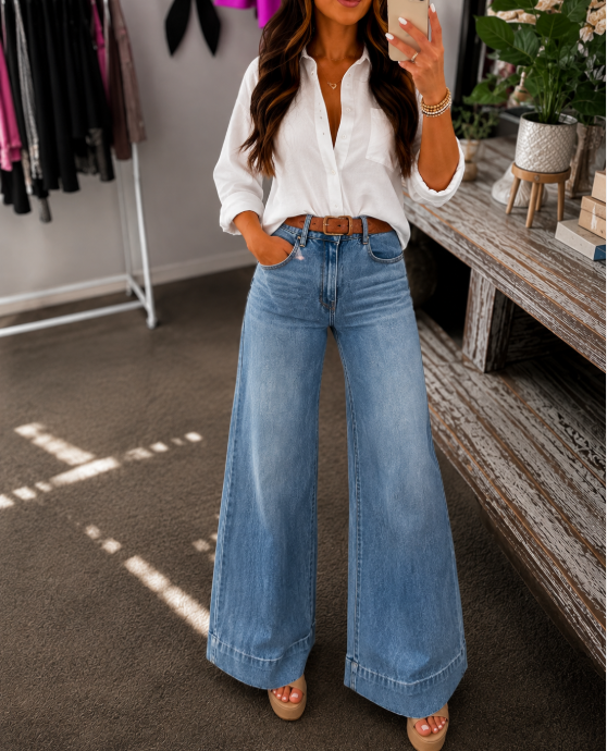 Vintage Denim Wide Leg Jeans High Waist Washed Western Style