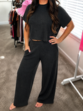Viscose sweater short sleeve top & pants set - Black